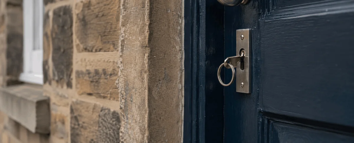 A key in the lock of a navy painted front door in a Yorkshire stone terrace.